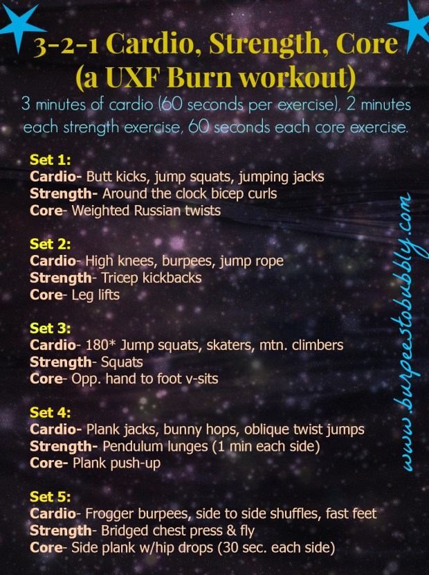 3,2,1 cardio, strength, core workout