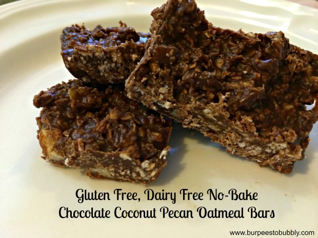 GF, DF no bake chocolate coconut pecan oatmeal bars