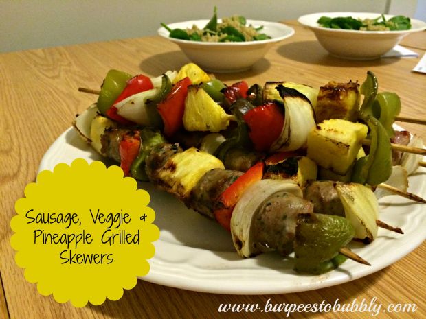 sausage, veggie & pineapple grilled skewers